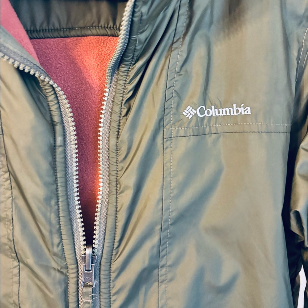 Columbia Women’s Reversible Nylon Fleece Lined Zip-Up Jacket Olive Coral, Sz L - Picture 7 of 16